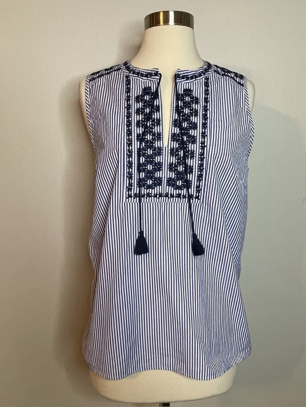 J. Crew White and Navy Striped Sleeveless Embroidered Tassel Camisole